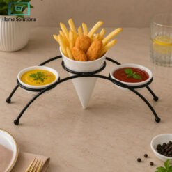 premium fries holder with dip bowls cone snack serving stand black metal frame ceramic sauce cups