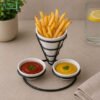 Brilliant Fries Holder with Dual Dip Bowls 1 premium fries holder with dip bowls cone snack serving stand black metal frame ceramic sauce cups