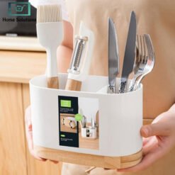 Cutlery storage drainer rack with wooden base kitchen organizer