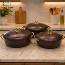 ceramic hot pot set 3 pcs dark walnut wood finish gold handles luxury serving pots stylish kitchen tableware