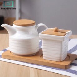ceramic sugar and creamer set with wooden tray