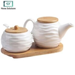 Ceramic Sugar and Creamer Set with Wooden Tray & Lid 10 ket1 - Home Solutions