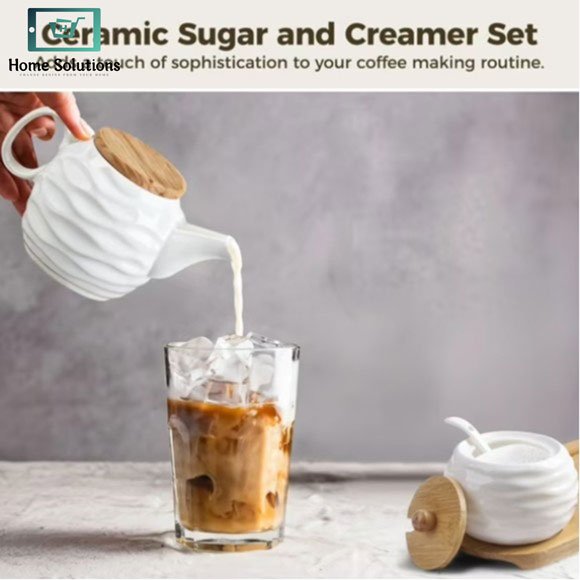 Ceramic Sugar and Creamer Set with Wooden Tray & Lid 3 Ceramic Sugar and Creamer Set with Wooden Tray & Lid - Image 2