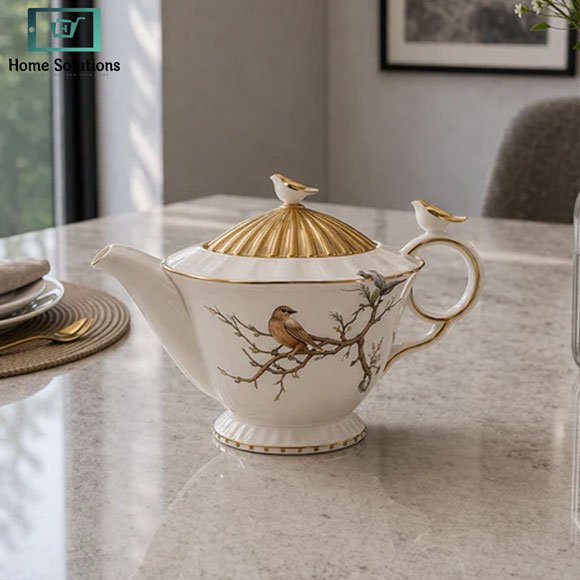Elegant Ceramic Teapot Bird & Gold Accent 2 ceramic teapot floral design gold lining