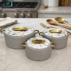 Marble Design Ceramic Hot Pot Set 3 Pcs with Gold Handles - Grey 1 marble design ceramic hot pot set 3 pcs gold handles luxury serving casserole pots stylish kitchen tableware