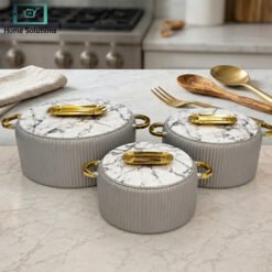 marble design ceramic hot pot set 3 pcs gold handles luxury serving casserole pots stylish kitchen tableware