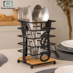 Modern metallic and oak square spoon holder kitchen organizer