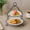Brilliant 2-Tier Serving Stand with Ceramic Plates 1 brilliant 2 tier serving stand with ceramic plates gold metal frame dessert snack display stand elegant tableware