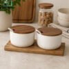 Danny Home Porcelain Sugar Bowl Set 3pcs 1 Danny Home porcelain sugar bowl set wooden lid tray spoon striped design coffee sugar container set elegant kitchen accessory