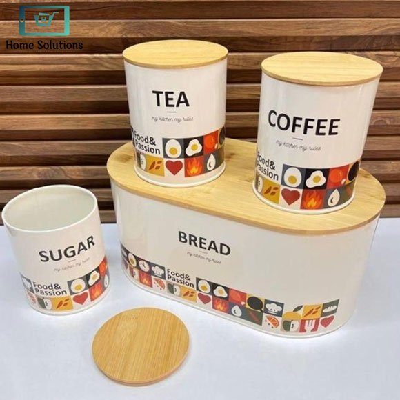 4 Piece Kitchen Storage Set Bread Box & Canisters – Tea Coffee Sugar Jars with Bamboo Lids 2 4 piece kitchen storage set bread box and canisters