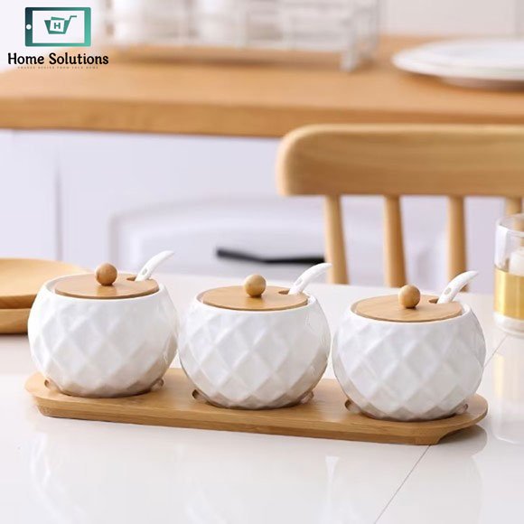 Ceramic Spice Jar Set 3 Pcs with Bamboo Rack 2 ceramic spice jar set 3 pcs with bamboo rack