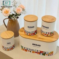 4 Piece Kitchen Storage Set Bread Box & Canisters – Tea Coffee Sugar Jars with Bamboo Lids 9 tea2 1 - Home Solutions