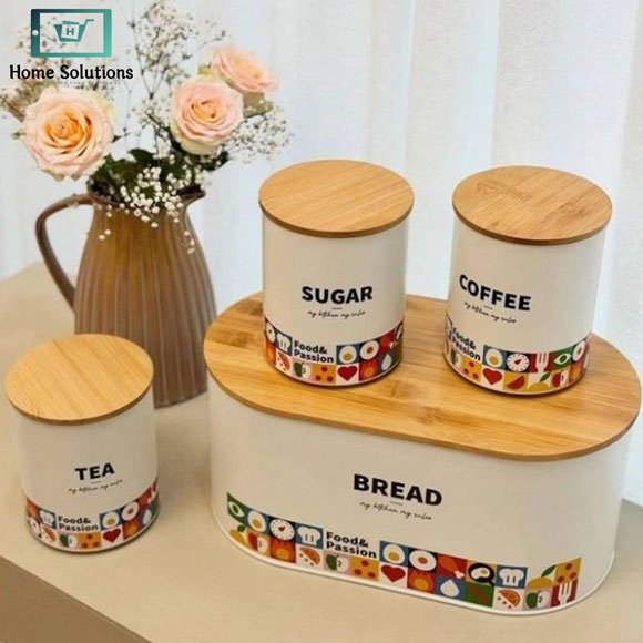 4 Piece Kitchen Storage Set Bread Box & Canisters – Tea Coffee Sugar Jars with Bamboo Lids 4 4 Piece Kitchen Storage Set Bread Box & Canisters – Tea Coffee Sugar Jars with Bamboo Lids - Image 3