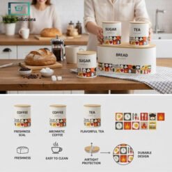 4 Piece Kitchen Storage Set Bread Box & Canisters – Tea Coffee Sugar Jars with Bamboo Lids 11 tea4 1 - Home Solutions