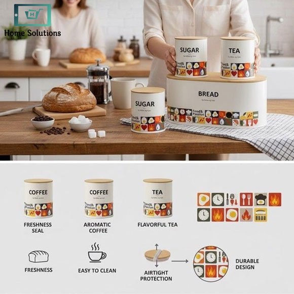 4 Piece Kitchen Storage Set Bread Box & Canisters – Tea Coffee Sugar Jars with Bamboo Lids 6 4 Piece Kitchen Storage Set Bread Box & Canisters – Tea Coffee Sugar Jars with Bamboo Lids - Image 5