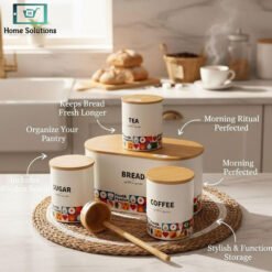 4 Piece Kitchen Storage Set Bread Box & Canisters – Tea Coffee Sugar Jars with Bamboo Lids 12 tea5 - Home Solutions