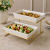 Brilliant 2-Tier Rectangular Serving Stand with Ceramic Trays 1 rectangular 2 tier serving stand with ceramic trays gold frame modern food display stand elegant tableware