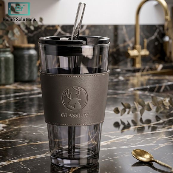 Glass Sipper Cup Tumbler with Leather Sleeve & Straw 5 Glassium crystal textured glass tumbler with straw