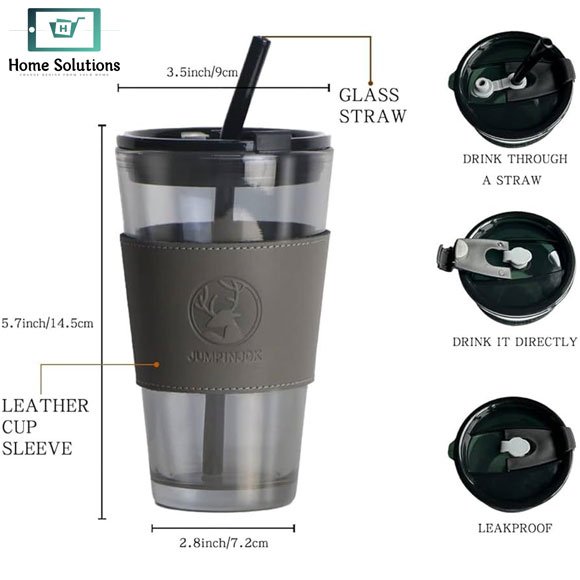 Glass Sipper Cup Tumbler with Leather Sleeve & Straw 4 Glass Sipper Cup Tumbler with Leather Sleeve & Straw - Image 2
