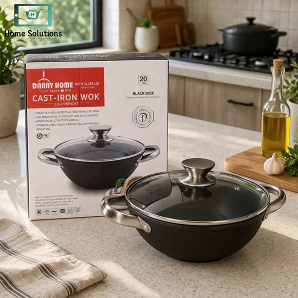 Danny Home Cast Iron Non Stick Wok with Lid - 20x8cm 3 Danny Home cast iron wok non stick