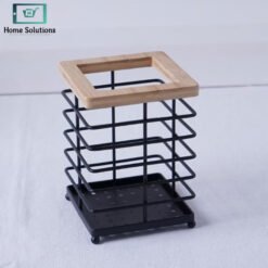 Square metal cutlery holder with wooden top kitchen organizer