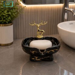 Luxury Black Deer Soap Dish Ceramic Bathroom Accessory with Golden Deer Decoration
