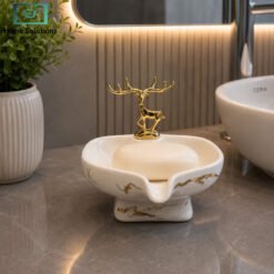 Luxury Black Deer Soap Dish Ceramic Bathroom Accessory with Golden Deer Decoration