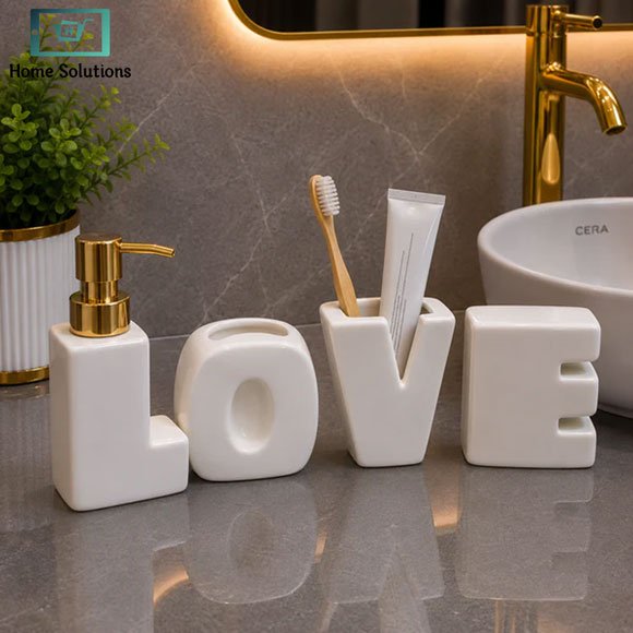 Brilliant Luxury Bathroom Accessory Set - White 3 Brilliant luxury bathroom accessory set with modern ceramic LOVE design and gold accents for elegant bathroom décor