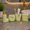 Brilliant Luxury Bathroom Accessory Set - Green 2 Brilliant luxury bathroom accessory set with modern ceramic LOVE design and gold accents for elegant bathroom décor