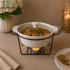 Brilliant Round Ceramic Chafing Dish with Metal Stand & Lid 1 Brilliant ceramic chafing dish with lid and metal candle stand