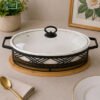 Brilliant Dual Oval Ceramic Chafing Dish with Wooden Base – 16-Inch 1 Brilliant ceramic chafing dish with lid and metal candle stand