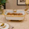 Brilliant Ceramic Chafing Dish with Glass Lid 1 Brilliant ceramic chafing dish with glass lid and gold trim luxury food warmer serving dish
