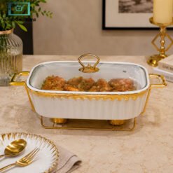 Brilliant ceramic chafing dish with glass lid and gold trim luxury food warmer serving dish