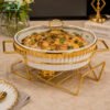 Brilliant Ceramic Chafing Dish with Glass Lid & Gold Stand 1 Brilliant ceramic chafing dish with glass lid and gold trim luxury food warmer serving dish