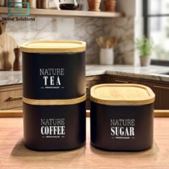 Square stackable tea coffee sugar jar set made from durable metal for kitchen storage and organization