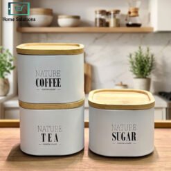 Square stackable tea coffee sugar jar set made from durable metal for kitchen storage and organization