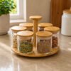 Premium Glass Jar Set 6Pc with Rotating Wooden Stand 1 Premium Glass Jar Set with Rotating Wooden Stand Kitchen Organizer