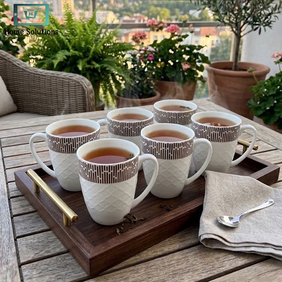 Elegant Bone China Mug Set 6pcs - Geometric Design 3 Elegant Bone China Mug Set 6pcs with Turquoise and Silver Design