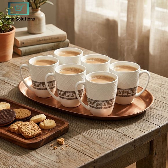 Elegant Bone China Mug Set 6pcs - Greek Key Pattern 3 Elegant Bone China Mug Set 6pcs with Turquoise and Silver Design
