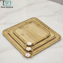 Exquisite bamboo platter golden flower wooden serving tray set of 3 for tea snacks and elegant serving