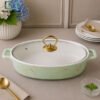 Oval ceramic casserole dish with glass lid - 12-inch 1 Brilliant ceramic casserole with lid and metal stand 10.25 inch elegant serving dish for hot meals