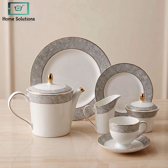 Elegant Porcelain Tea Set 24 Pieces 3 Elegant porcelain tea set with silver rim