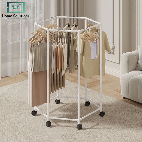 Hexagonal Rotating Clothes Rack with Wheels | Metal Movable Clothing Storage Stand 3 Hexagonal rotating clothes rack with wheels