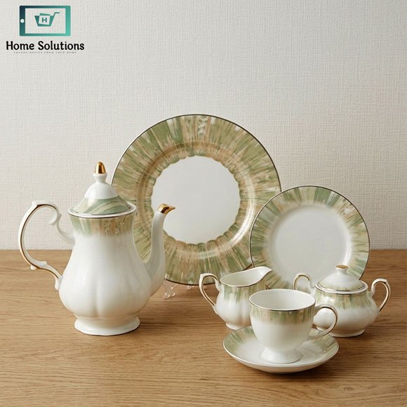 Elegant Porcelain Tea Set 24 Pieces - Green & Gold Rimmed 3 Elegant porcelain tea set