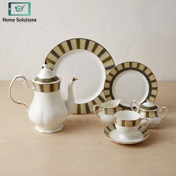 Elegant Porcelain Tea Set 24 Pieces - Olive & Gold Striped 3 Elegant porcelain tea set
