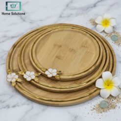 Bamboo Platter Serving Tray Set of 3 - Golden Flower Wooden