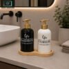 Ceramic Soap Dispenser Set 2-Piece with Wooden Tray – Fashion Collection 1 Black and White Ceramic Soap Dispenser Set with Gold Pumps and Wooden Tray – Fashion Collection for Kitchen and Bathroom