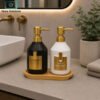Ceramic Soap Dispenser Set 2-Piece with Bamboo Tray 1 Black and White Ceramic Soap Dispenser Set with Gold Pumps and Wooden Tray – Fashion Collection for Kitchen and Bathroom