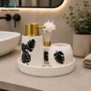 3-Piece Ceramic Bathroom Accessories Set with Tray -White Monstera 2 Luxury Ceramic Bathroom Accessories Set with Monstera Leaf Design, Gold Soap Dispenser, Diffuser, Tumbler and Matching Tray