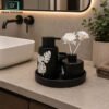 3-Piece Ceramic Bathroom Accessories Set with Tray 2 Luxury Ceramic Bathroom Accessories Set with Monstera Leaf Design, Gold Soap Dispenser, Diffuser, Tumbler and Matching Tray